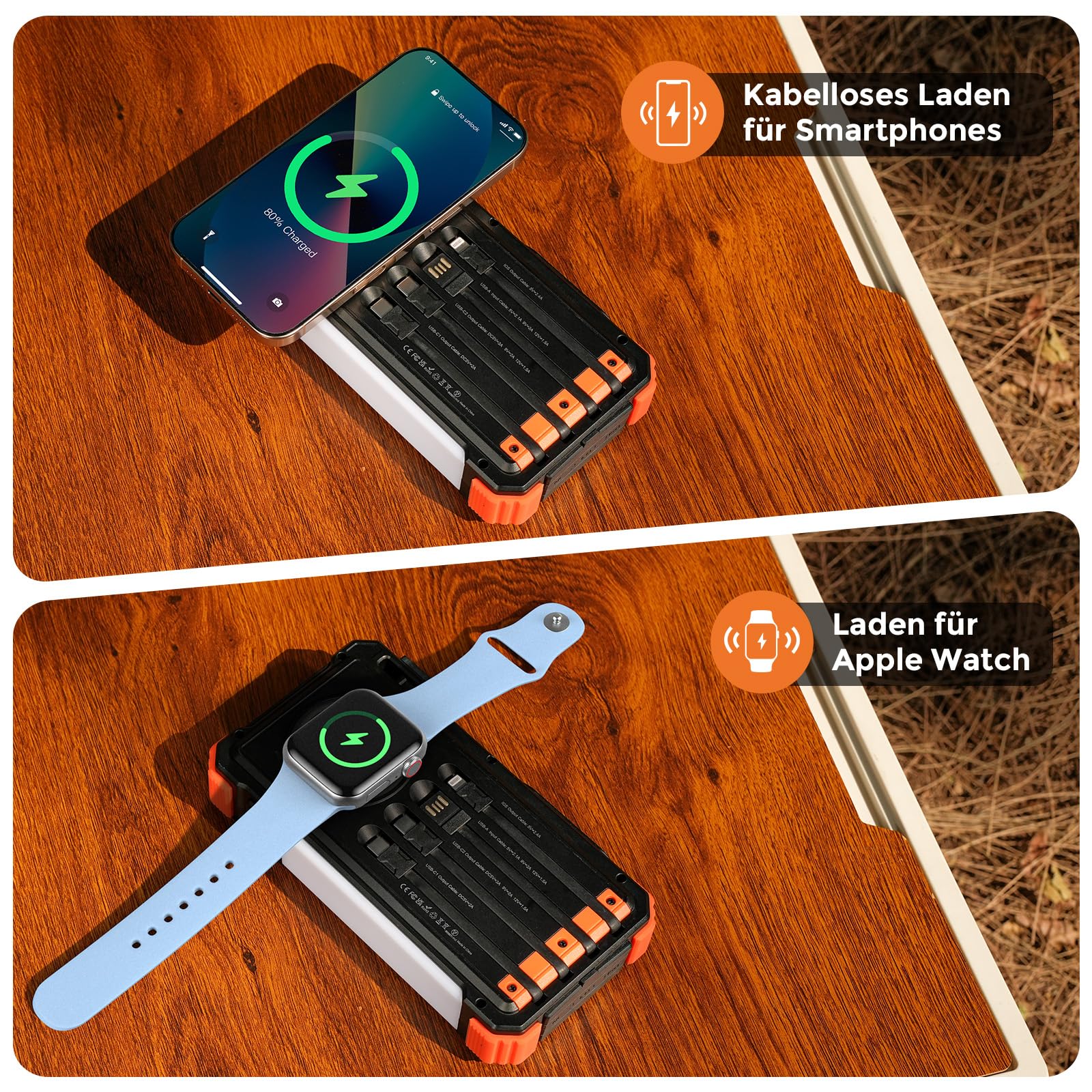 BLAVOR Solar Power Bank 20000mAh mit Kable, 20W Schnellladung Solar Ladegerät USB C Externer Akku Portable Charger mit Taschenlampen und Karabiner für alle Handy, Wireless Ladegerät für Apple Watch