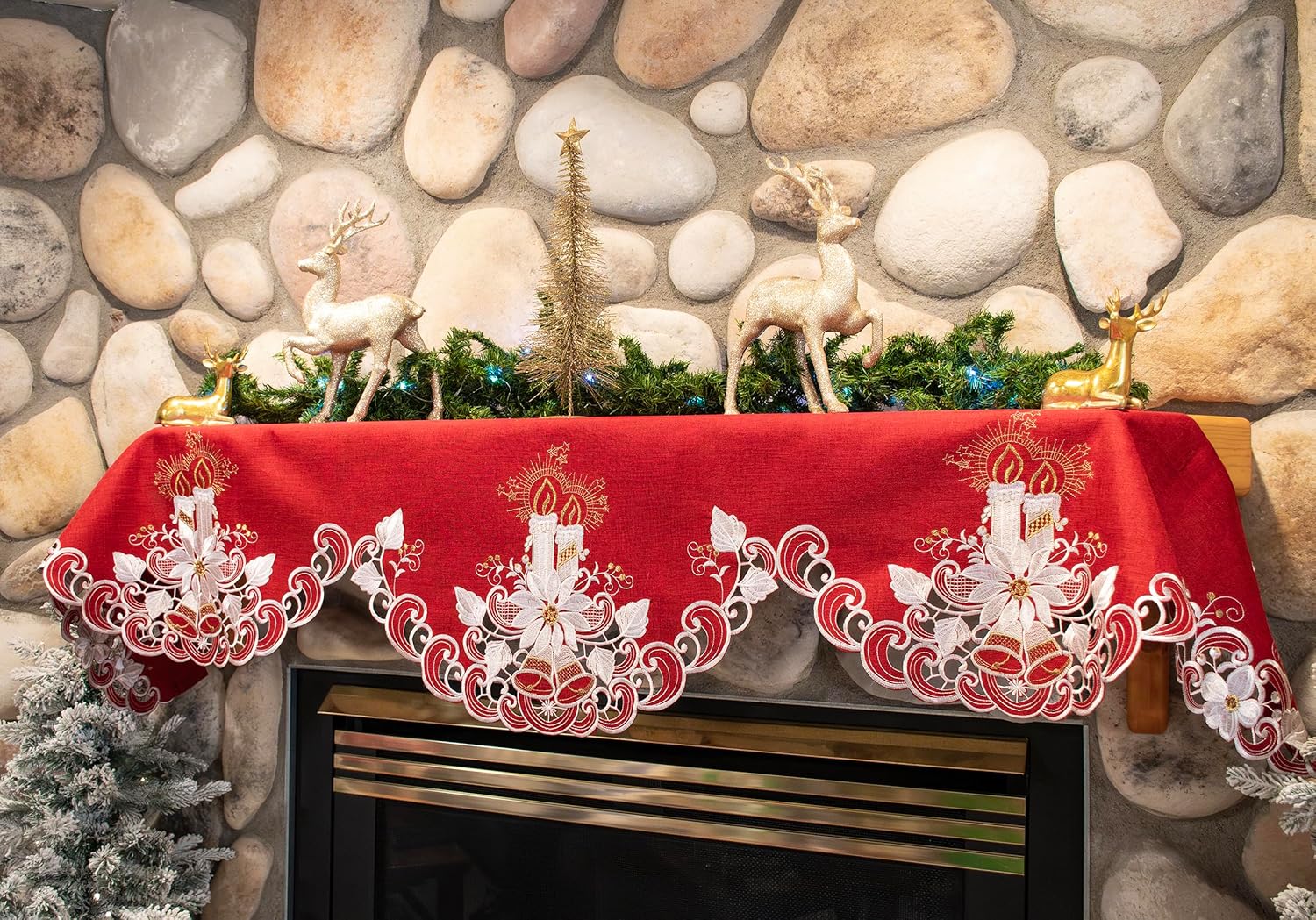 Linens, Art and Things Christmas Embroidered White Candle on Red Bookshelf or Fireplace Mantle Scarf (19Wx90L)