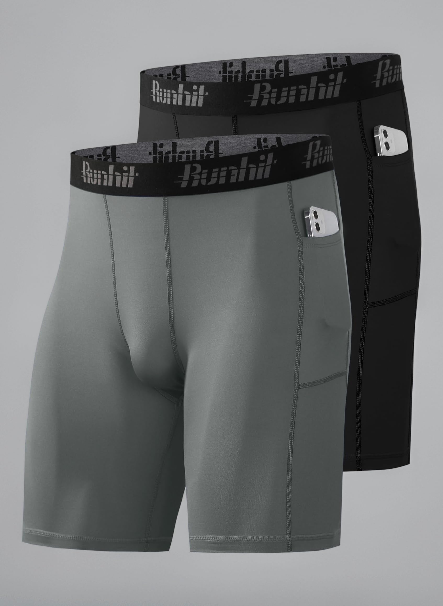 1 or 2 Pack Compression Shorts Men with Phone Pockets, Moisture Wicking Anti Chafing Underwear Boxers Base Layer, Quick Dry Sport Tights Undershorts for Running Gym Cycling Workout