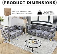 Vista 2 de Juego de 2 sofás de terciopelo gris de 81 pulgadas de 3 plazas, botones copetudos y brazo cuadrado, cabezas de uñas doradas con incrustaciones y 4