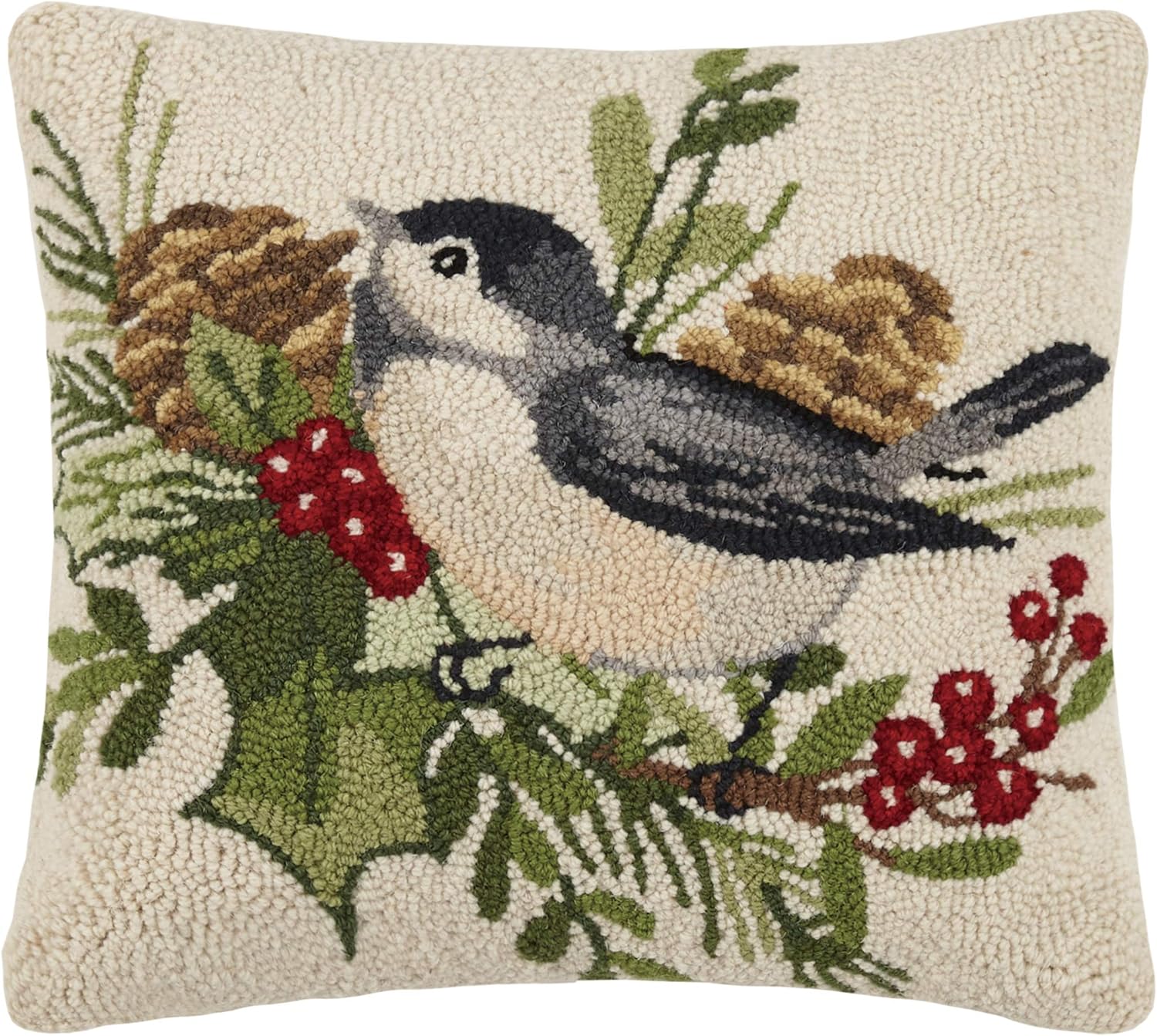Peking Handicraft 31SW214C16SQ Winter Chickadee Holiday Hook Pillow, 16-inch Square, Wool and Cotton