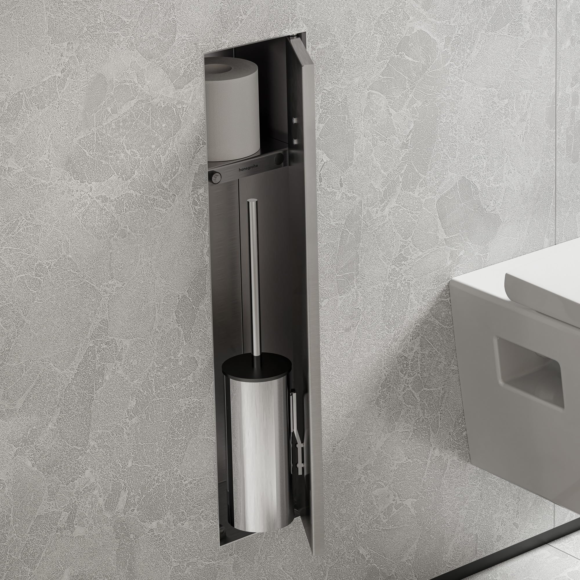 hansgrohe XtraStoris Rock, escobillero baño empotrado con repisa y puerta alicatable, nicho pared baño, escobilla wc empotrada, escobilla baño, accesorios baño, acero inoxidable cepillado, 56060800