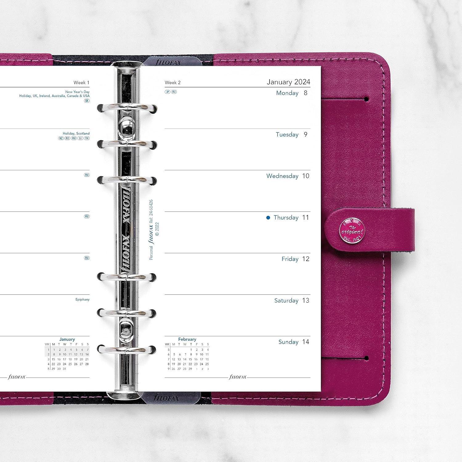Filofax Calendar Diary Refill, Personal/Compact Size, Week on One Page, White Paper, Unruled, English, 2024 (C68426-24)
