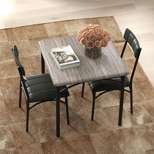 Miniatura 5 de Gyabnw, Juego de mesa de cocina cuadrada de metal y madera con 2 sillas tapizadas para el hogar, granja, espacios pequeños, apartamento, gris rústico