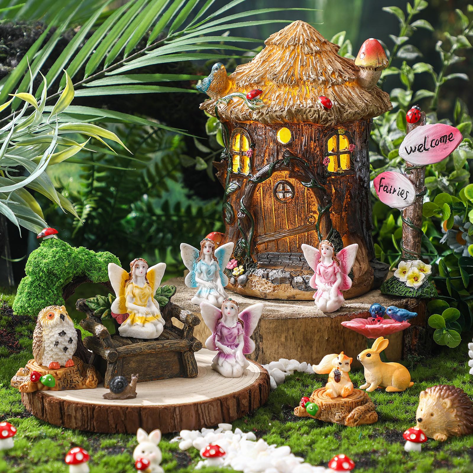 Leyndo 28 Pcs Solar Fairy House Garden Accessories Light up Fairy Figures Garden Kit Resin Miniature Mushroom House Figures Micro Landscape Ornaments