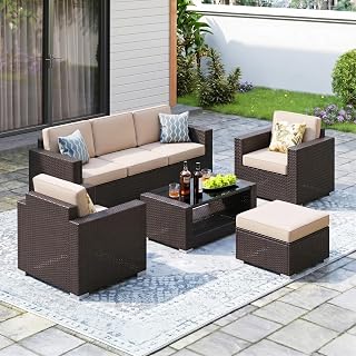 DEVOKO Sera Outdoor 5 Piece HDPE Wicker Conversation Sofa Set with All Weather Water-Resistant Cushions, Glass Top Table & Ottoman for Garden, Poolside, Backyard(Dark Brown & Cream)