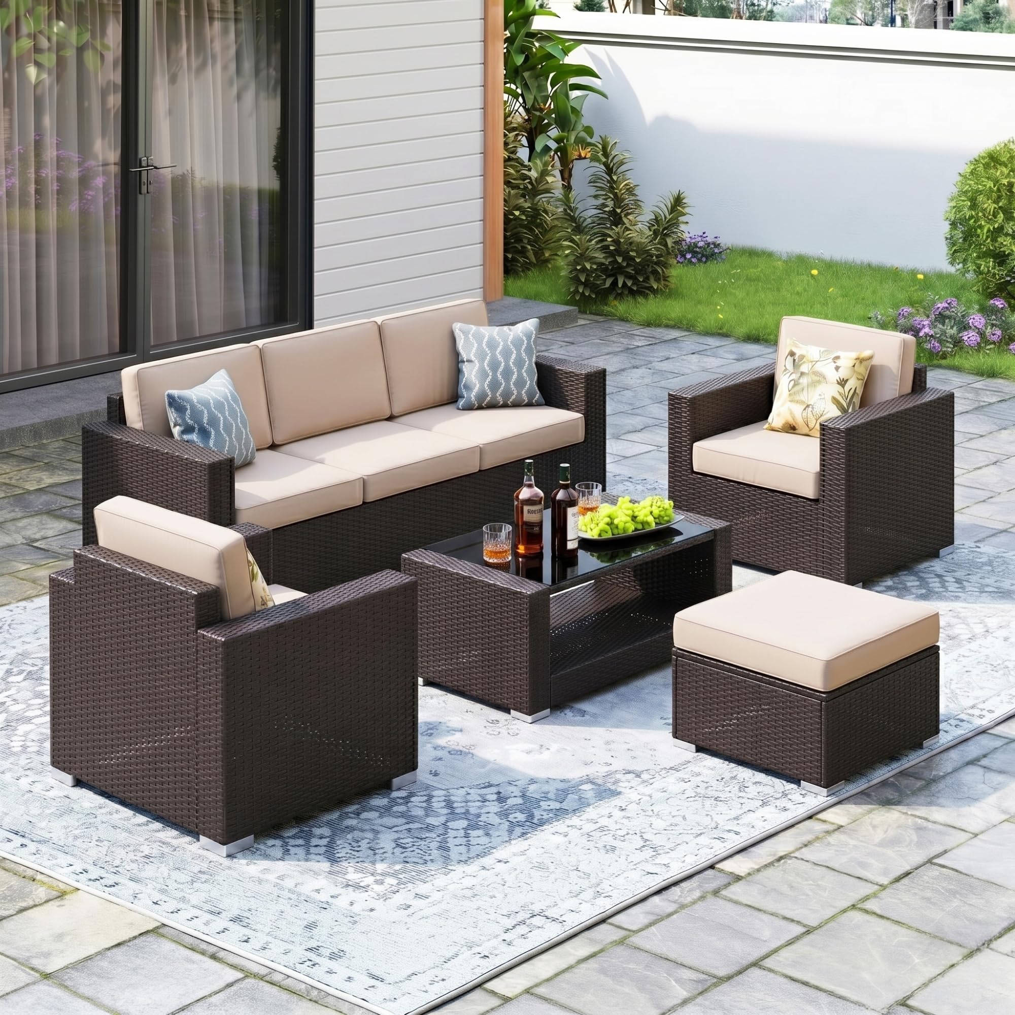 DEVOKO Outdoor 5 Piece HDPE Wicker Conversation Sofa Set with All Weather Water-Resistant Cushions, Glass Top Table & Ottoman for Garden, Poolside, Backyard(Dark Brown & Cream)-image-35