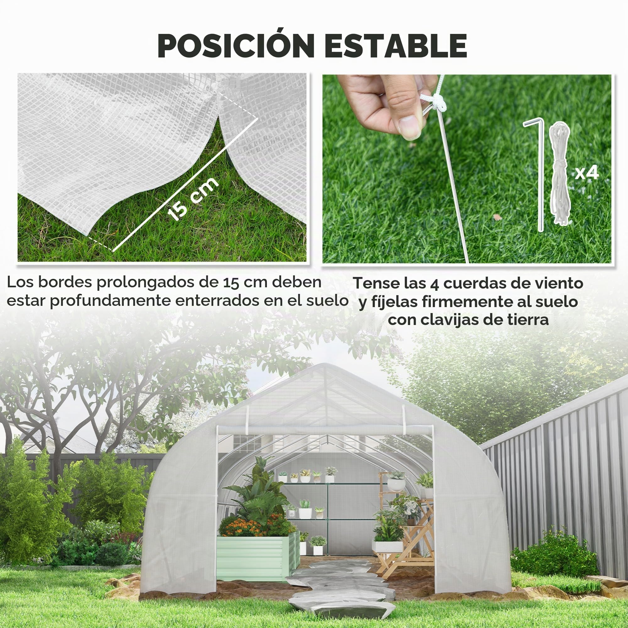 Outsunny Túnel Invernadero 24 ㎡ con Lona PE Marco de Acero galvanizado Ø 24 mm 12 Ventanas Verdes y Puerta Enrollable 8 x 3 x 2 m Blanco