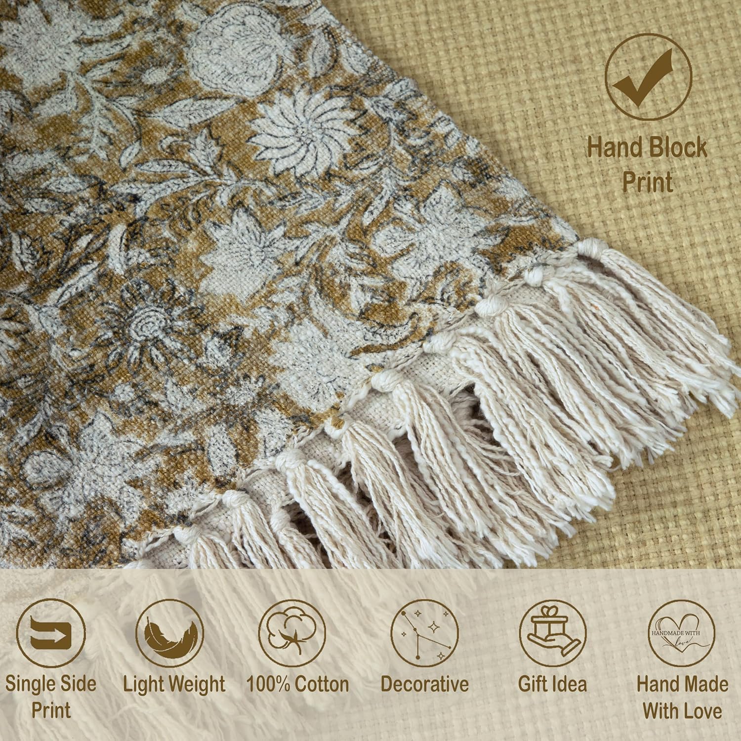 100% Pure Cotton Handblock Printed Throw Blanket, Soft 50" x 60" Fringed Floral Print Throw for Couch, Sofa, Chair, Bed - Cozy, Machine Washable, Comfortable Home Decor