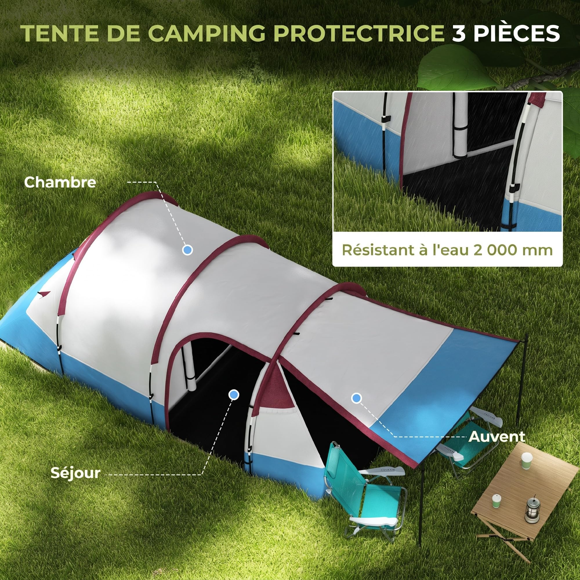 Outsunny Tente de Camping Tente Tunnel 2-3 Personnes avec Chambre à Coucher, Salon et Porche légère ventilée 3 Portes Sac de Transport Inclus 420 x 200 x 150 cm