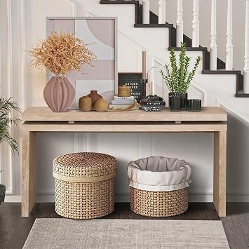 59.84" Farmhouse Console Table - Narrow Long Sofa Table Behind Couch, Entryway Table with Solid Wood Legs & MDF Top, Double Board Suspension Design for Living Room, Hallway Antique Natural