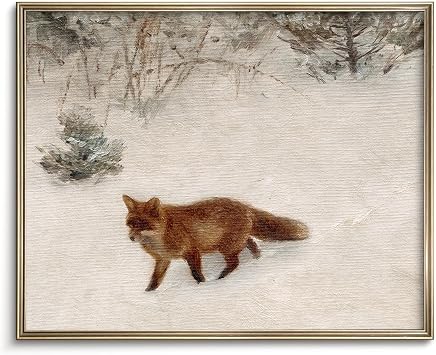 Vodefoad Vintage Fox in the Snow Winter Print Fox in Winter Christmas Retro Landscape Oil Painting Antique Winter Landscape Watercolor Animal Picture Aesthetic for Bedroom Bathroom Living Room Christmas Decor Painting Holiday Art - 8x10Inch Unframe