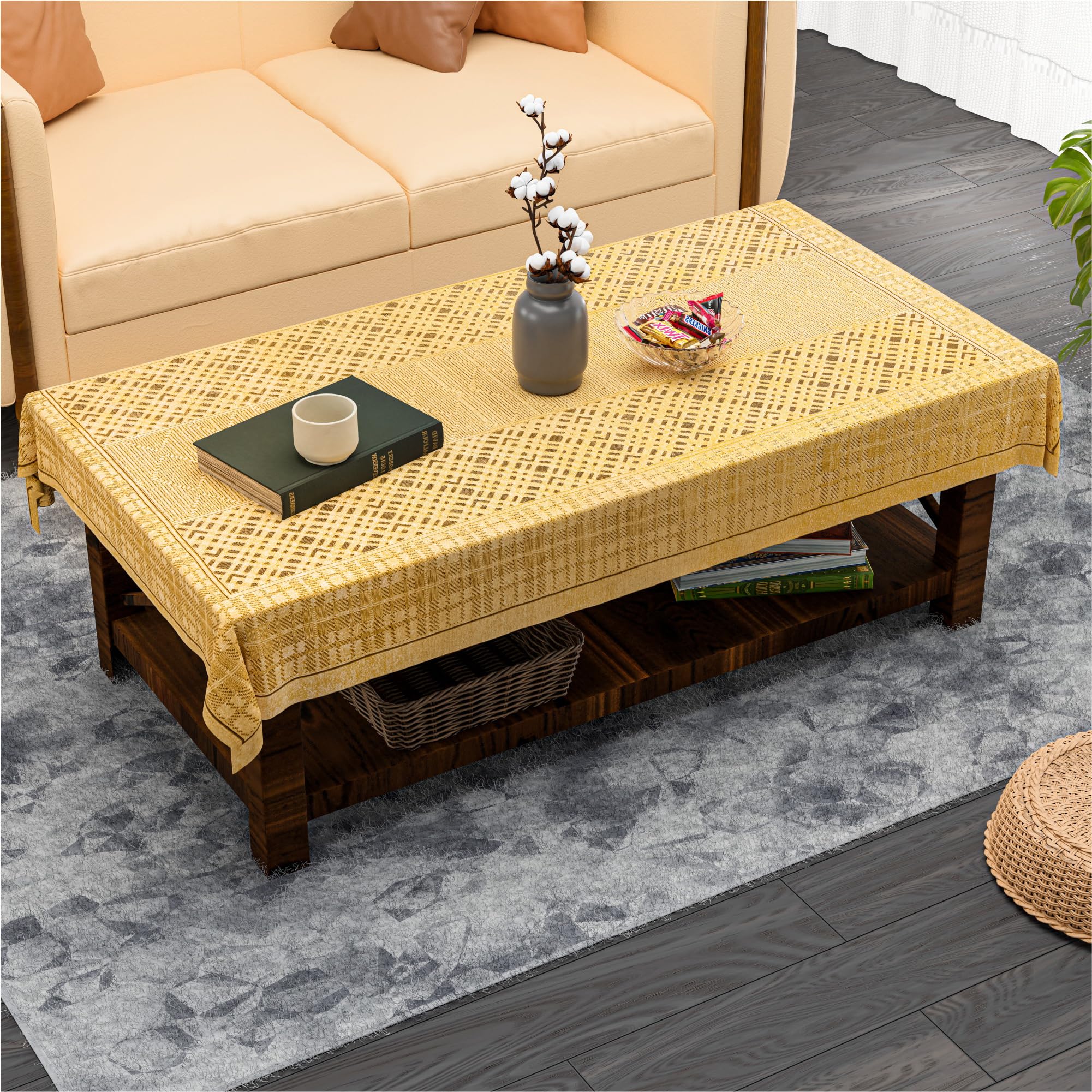 Kuber Industries 40x60 Inch Net Cotton Center Table Cover Cloth | 4 Seater Centre Coffee and Teapoy Cover for Living Room | Zig Zag Bright - Golden