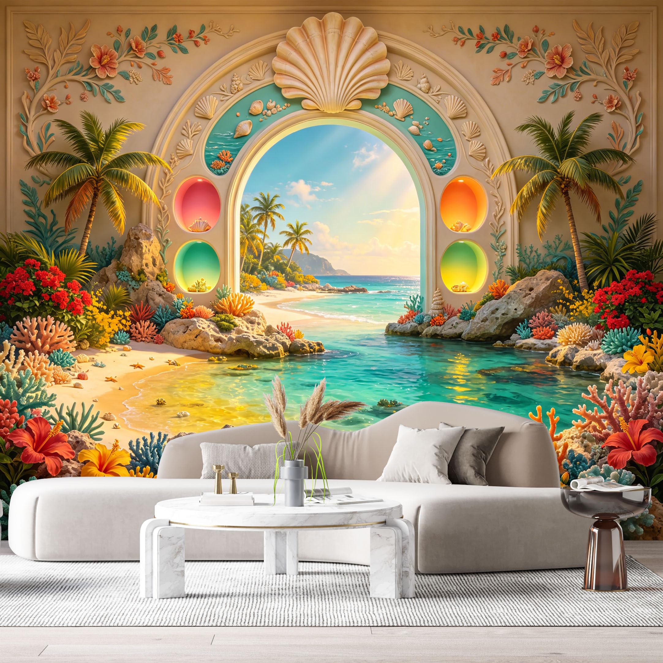 Custom Size Wall Murals Fantasy Tropical Paradise Archway Ocean Palm Trees 3D Trompe L'Oeil SelfAdhesiveWall Fabric Removable Wallpaper Wall Decor for Living Room Bedroom Bathroom