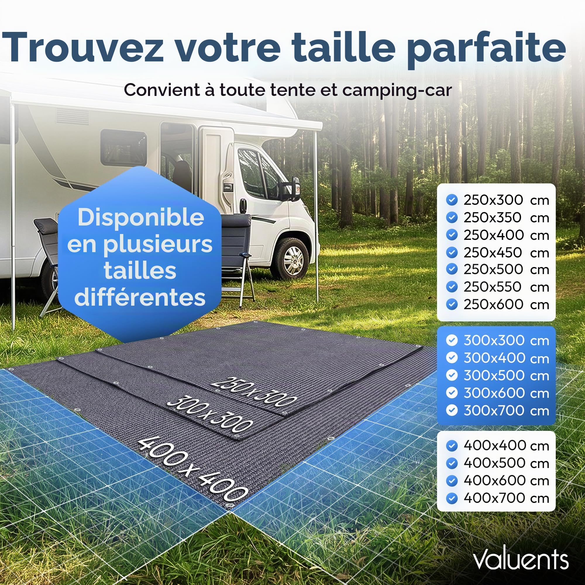 Tapis de camping extérieur pour auvent - Bleu/gris - Différentes tailles - avec sac de transport, corde à linge et 8 piquets en T