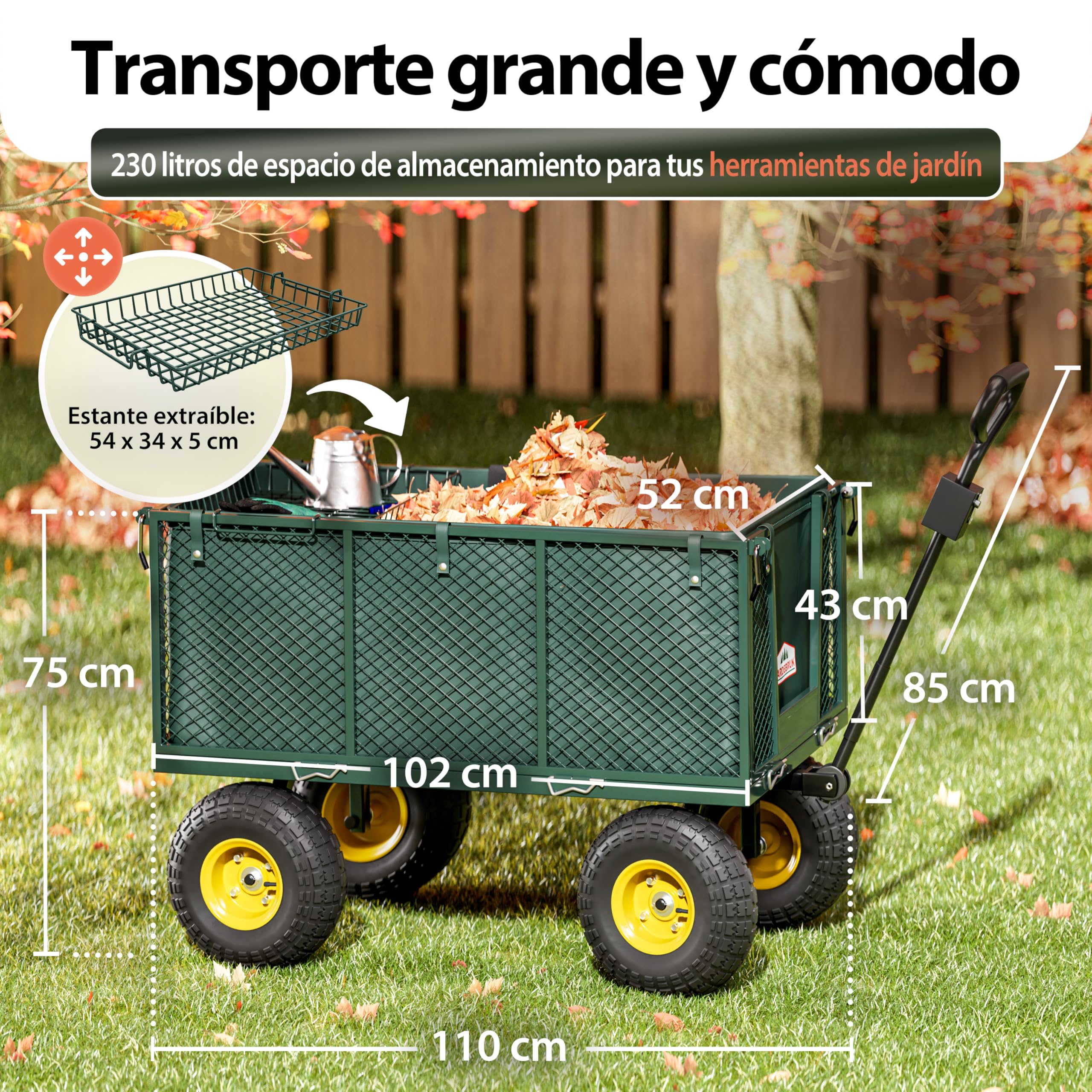 Gardebruk® Carro de Mano Jardín Capacidad Carga 550kg Plegable Lona Extraíble Laterales Desmontables 4 Ruedas Asa Antideslizante Carrito Transporte Obra