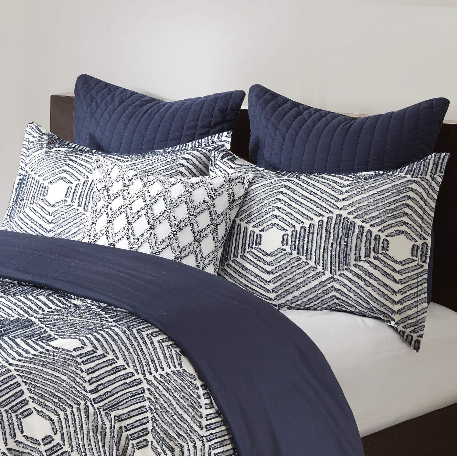 INK+IVY 100% Cotton Comforter Mid Century Modern Design All Season Bedding Set, Matching Shams, Full/Queen(88"x92"), Ellipse Navy Hexagon 3 Piece