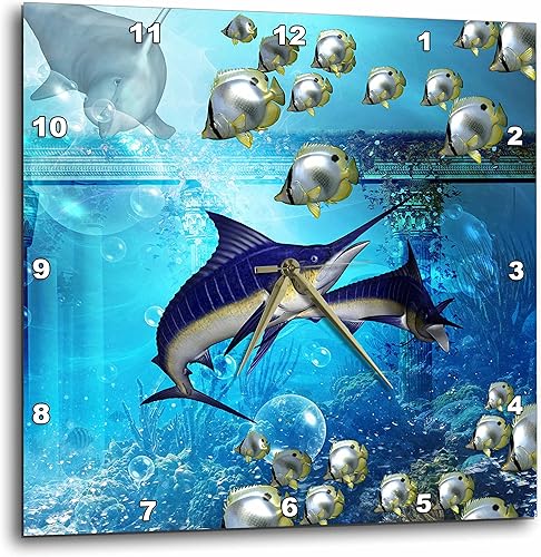 3D Rose Underwater World with Marlin - Reloj de pared con diseño de delfines y peces mariposa, 10" x 10"