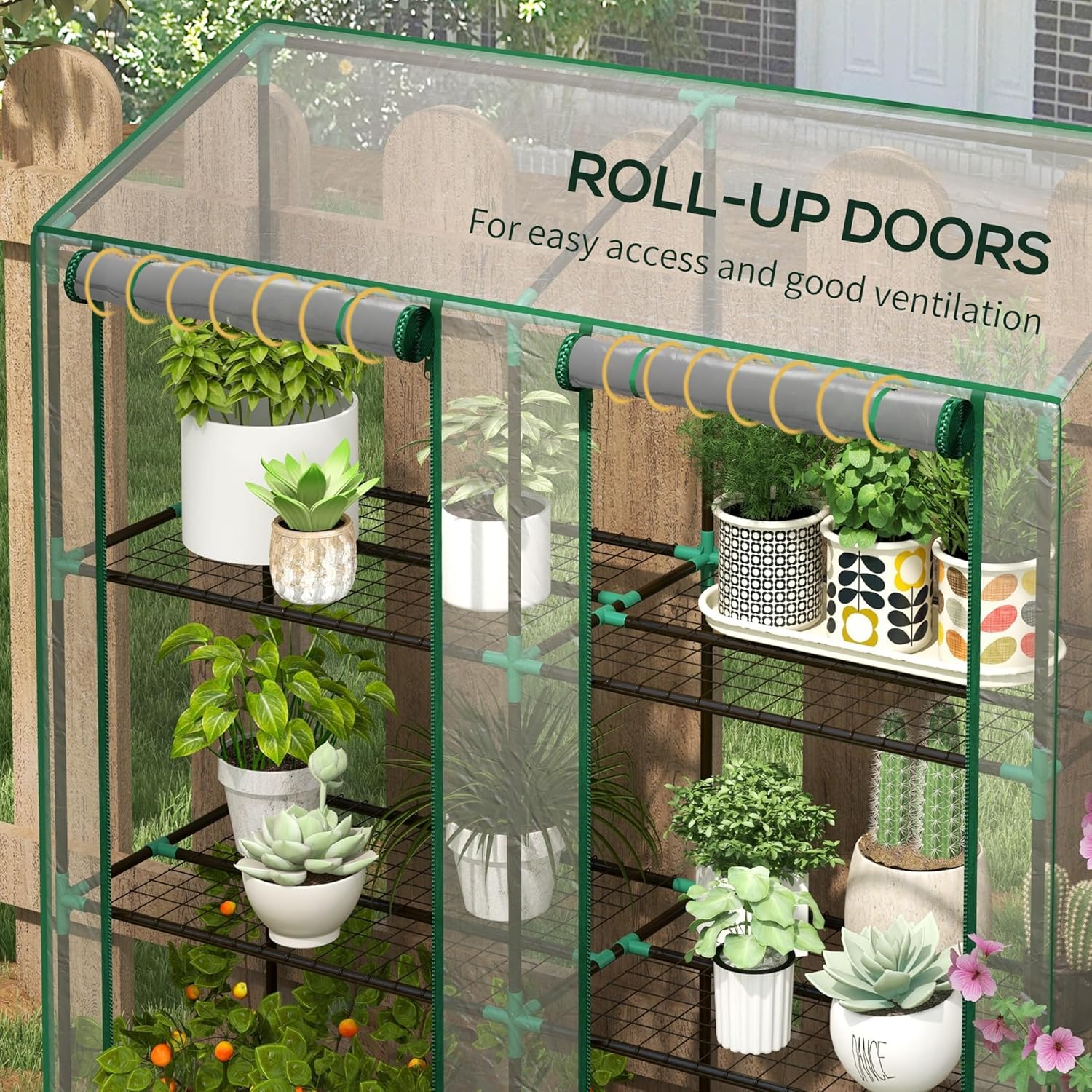 Outsunny Lean-to Mini Greenhouse with 3 Tier Shelves, Portable Green House with 2 Roll-up Doors, Garden Plant Grow Hot House for Indoor Outdoor, 56.3"x18.1"x59.4", Clear