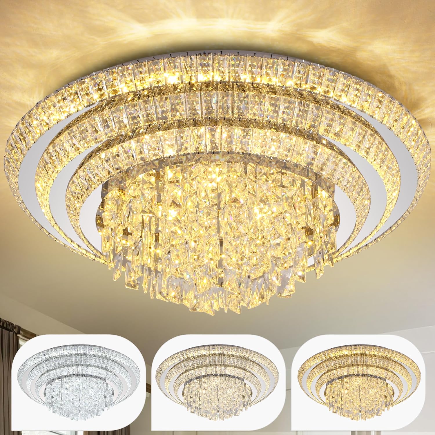 cocostar sliver elegant led crystal raindrop ceiling light, 30" modern flush mount chandelier light fixture with remote control, 3cct dimmable, for living room kitchen island bedroom entryway foyer silver 30 inch