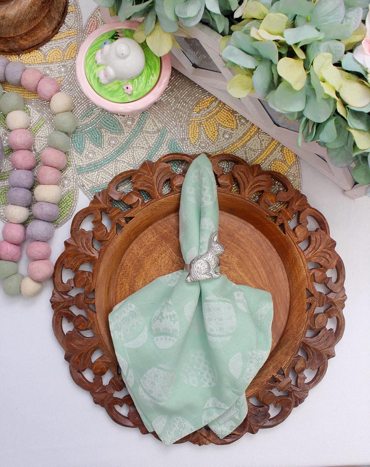 COTTON CRAFT Easter Egg Hunt Napkins - Mitered Corners - Jacquard Woven - Spring Easter Bunny Pastel Luncheon Dinner - Set of 8 - Pure Cotton - Reusable Washable - 18 x 18 - Light Green Multi Pastel