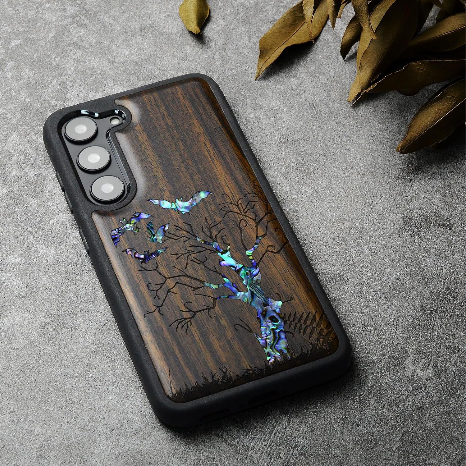 Carveit Designer Wooden Case for Samsung Galaxy S23 Plus Cover [Wood Engraving & Shell Inlay] Compatible with Wireless Chargers S23 Plus Case (Gothic Night-Blackwood)