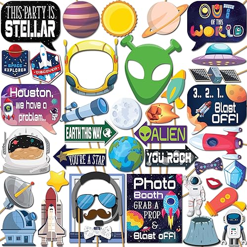 Accesorios para cabina de fotos espaciales, kit de cabina de fotos de 41 piezas con letrero de 8 x 10 pulgadas, 60 almohadillas adhesivas, 45