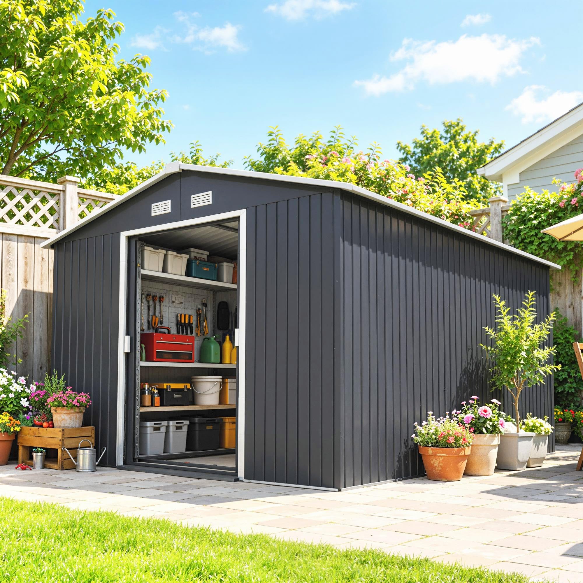 Outsunny Casetta da Giardino in Lamiera d'Acciaio 8.3 m² con 2 Porte Scorrevoli 277x322x192 cm Grigio Scuro
