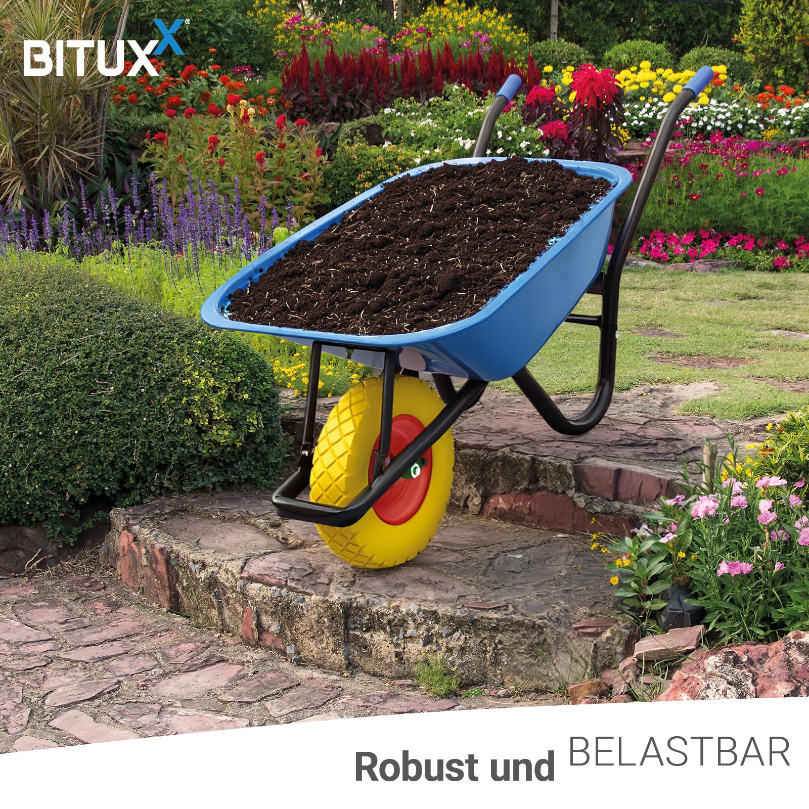 BITUXX Schubkarre 100L Schubkarren Schiebkarre Groß Scheibtruhe Bauschubkarre Blau mit PU Vollgumi Rad Gelb bis 250kg