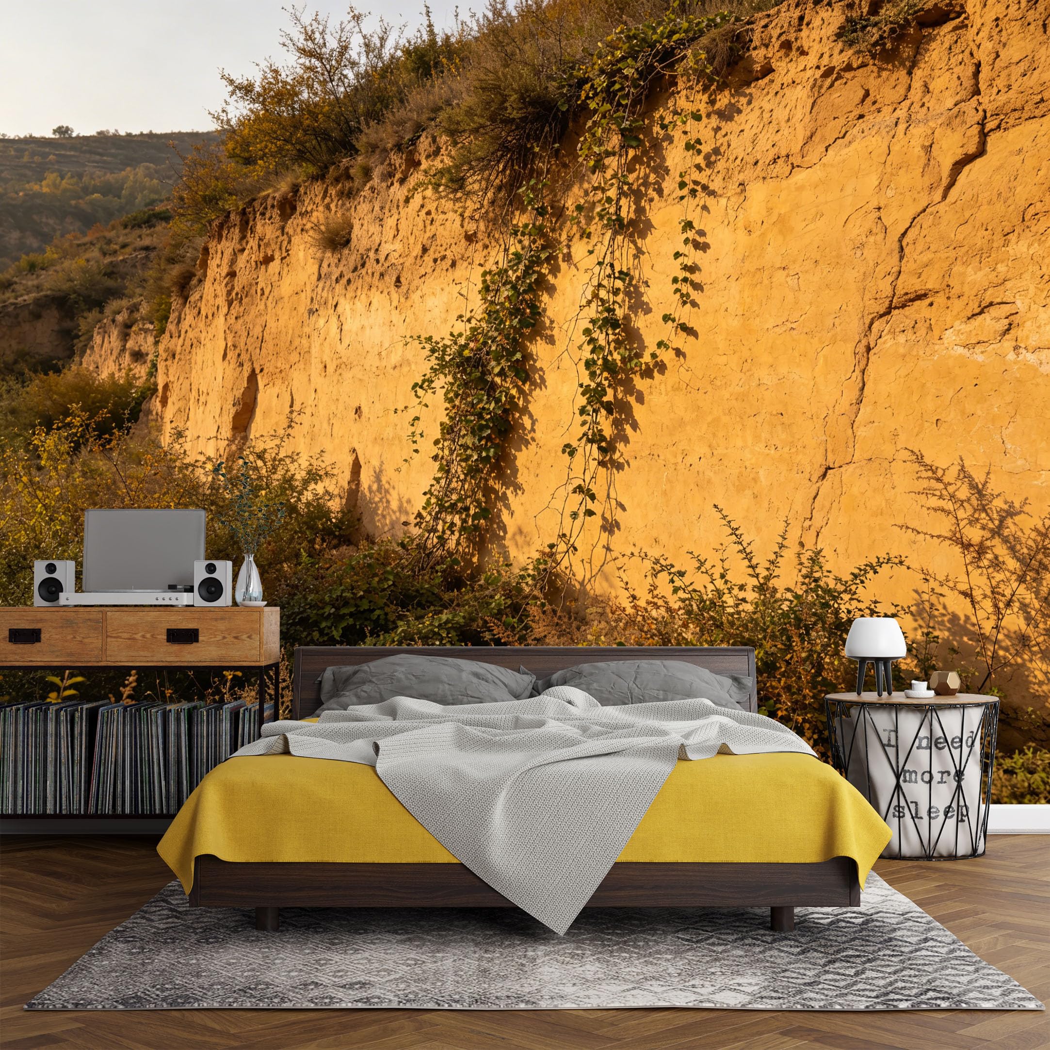 Custom Size Wall Mural， Mountain Cliff Golden Soil Vine Landscape，SelfAdhesive Art Prints wall Fabric (No PVC) Removable Wallpaper Living Room Decor