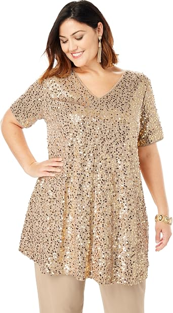 Roamans 2 Piece S/S Sequin Top And Pant Set