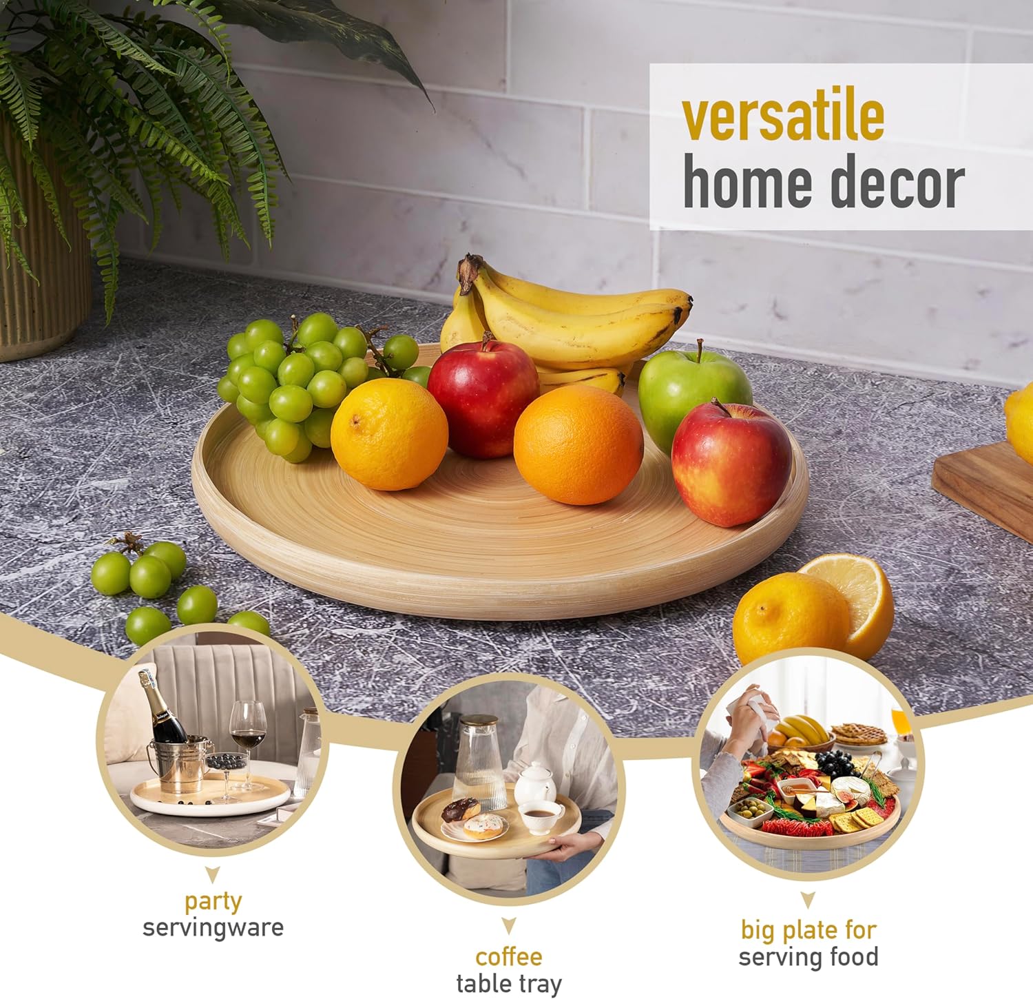 LEXA 15.7" Bamboo Round Serving Tray – Large Handcrafted Wooden Tray for Food, Ottoman, Coffee Table, Kitchen, Charcuterie, or Home Décor, Natural