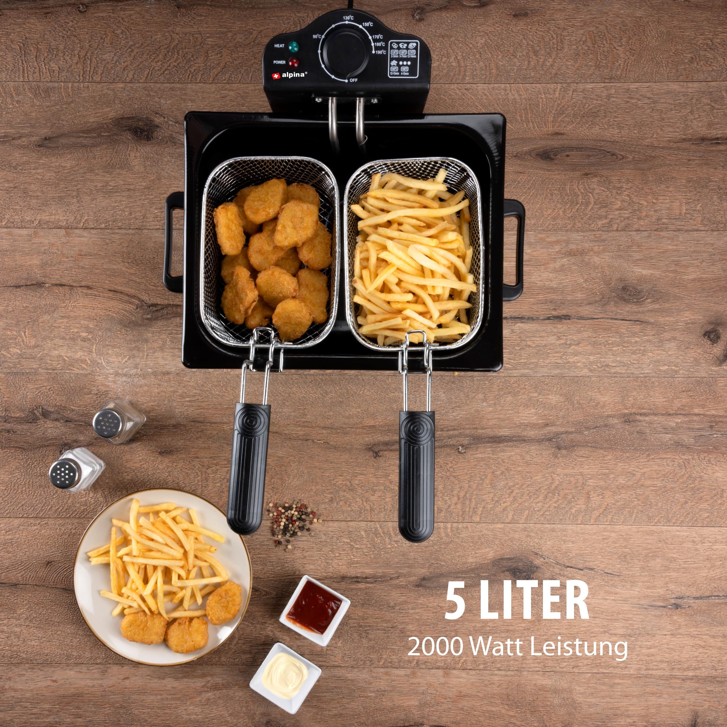 alpina Doppel Friteuse 5L WJ-801 - Fritteuse mit Öl 200W - Fritöse mit 3 Körbe - Einstellbarer Thermostat bis 190 °C - Geschützt gegen Überhitzung - Perfekt für Pommes oder Snacks - Edelstahl - Silber