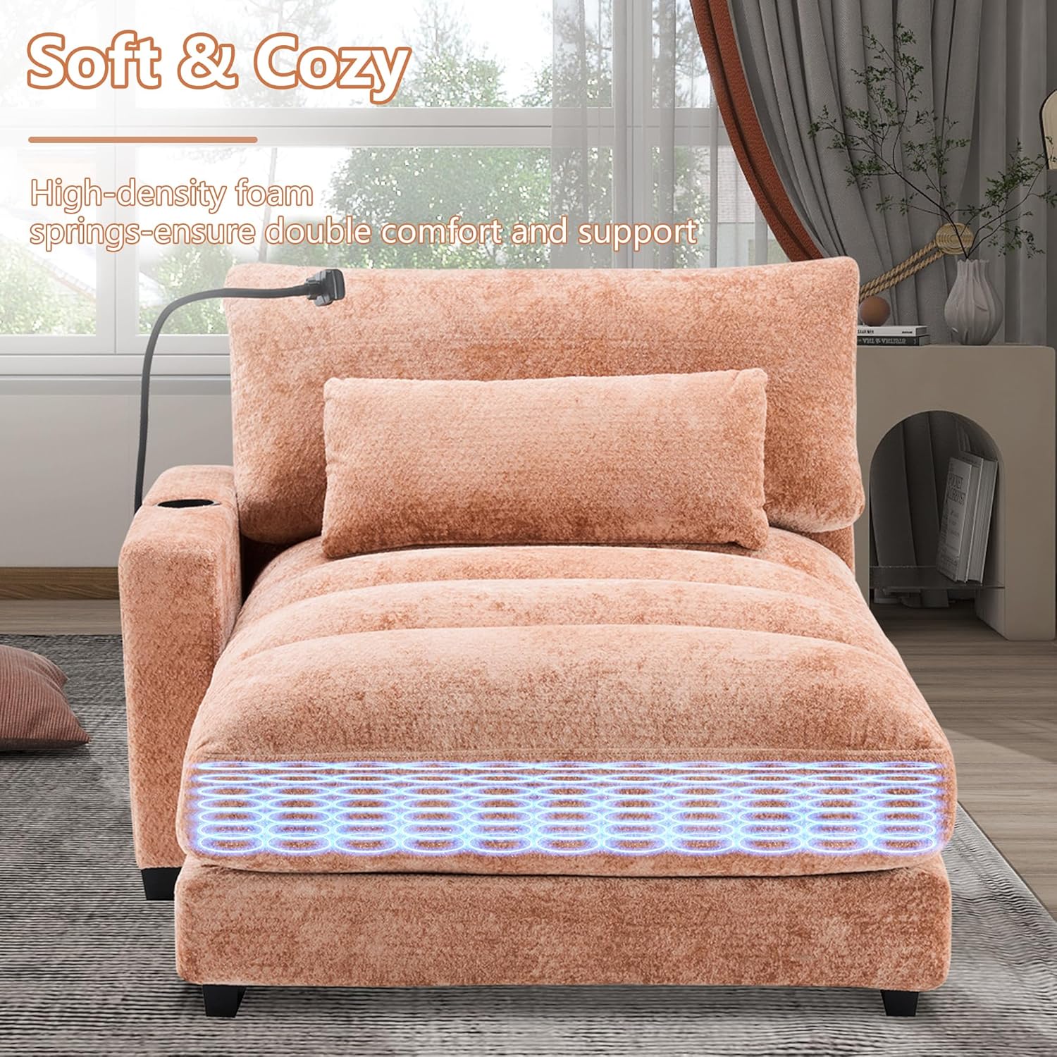 KIVENJAJA Oversized Double Chaise Lounge Sofa, Chenille Tufted Comfy Sleeper Loveseat Couch with Cup Holds, Phone Holders & USB Port for Living Room Apartment Reading Nook, 90.54”W, Light Orange