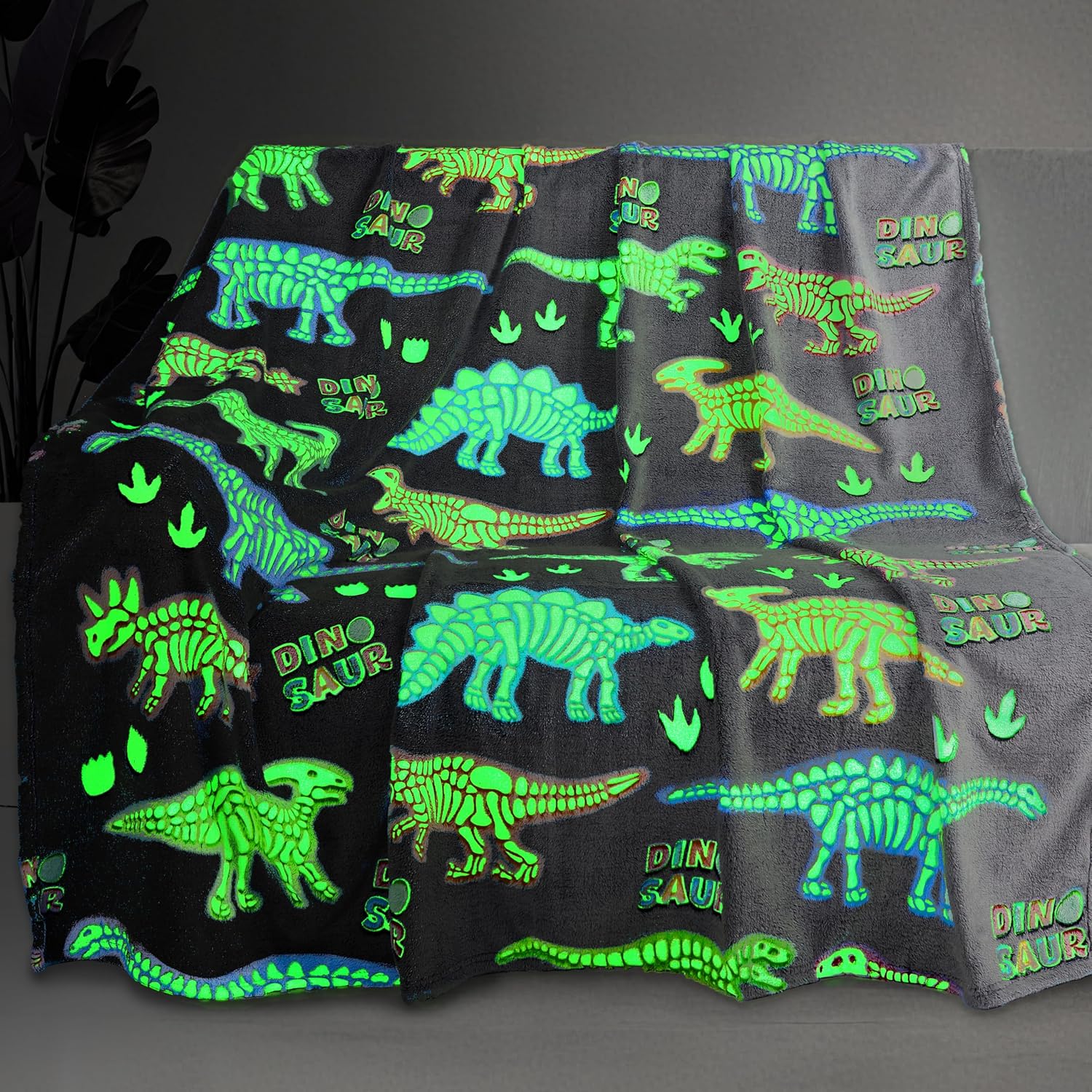 Dinosaur Glow in the Dark Blanket for Boys, Birthday Gifts 50"x60", Dino Throw Blankets for Kids & Teens Toddler Ages 3-16, Christmas for Sons, Blue Room Decor for Couch Travel