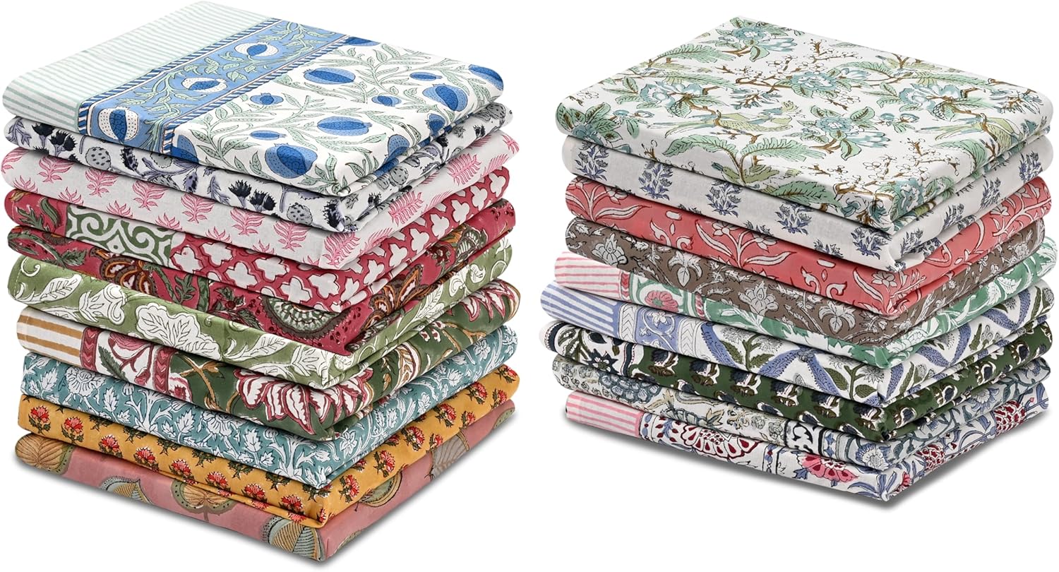Ridhi Mix Hand Block Print Cotton Kitchen Towel Set of 12-16 x28 Ultra Absorbent Quick Dry 100% Cotton Dish Towels Lightweight Reusable Sustainable Tea Towels for Cleaning and Drying