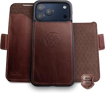 Dreem Real Leather for iPhone 17 Pro Max Case Wallet, Revolutionary Phone Stand, MagSafe-Fit, Magnetic Detachable Flip Cover, RFID Blocking Card Holder, Gift-Box [FibonacciChestnut]