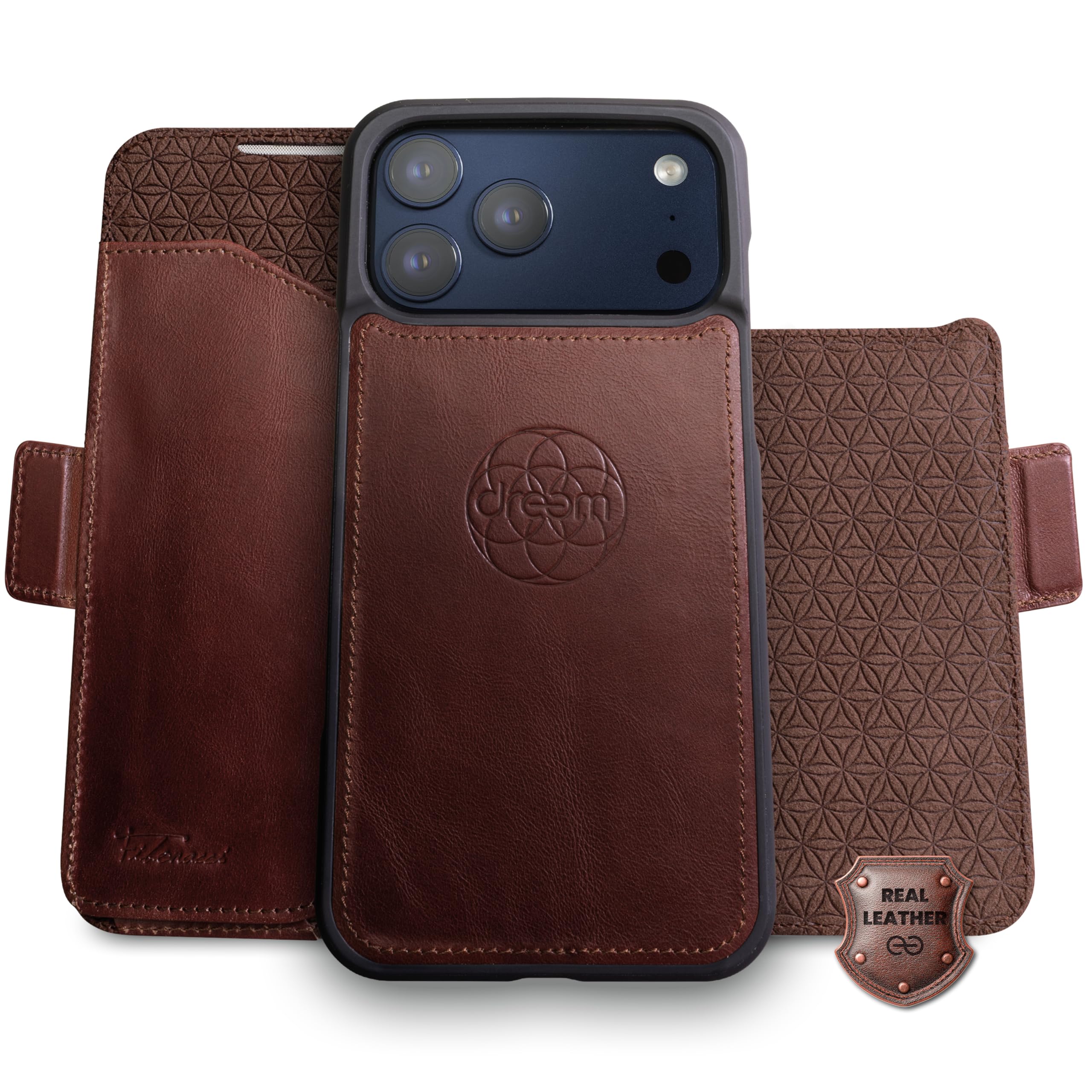 Dreem Lederhülle für iPhone 17 Pro Max - Revolutionärer Ständer & Kartenfach, Abnehmbare Magnetische Hülle, MagSafe-Ready, RFID-Blocker, Wallet-Case aus Echtem Leder, Geschenkbox [Fibonacci:Chestnut]
