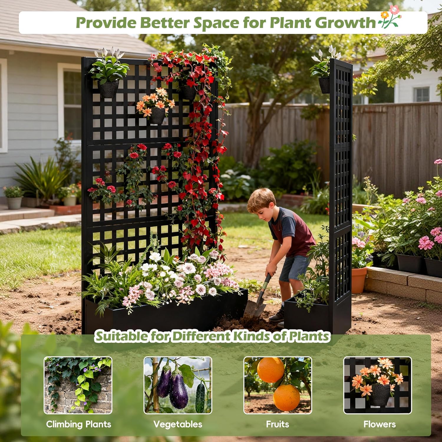 Metal Planter Box with Trellis, Black Raised Garden Bed, Privacy Screen Planters with Trellis for Climbing Plants Vegetable Flowers Outdoor Indoor, Large 1Pc