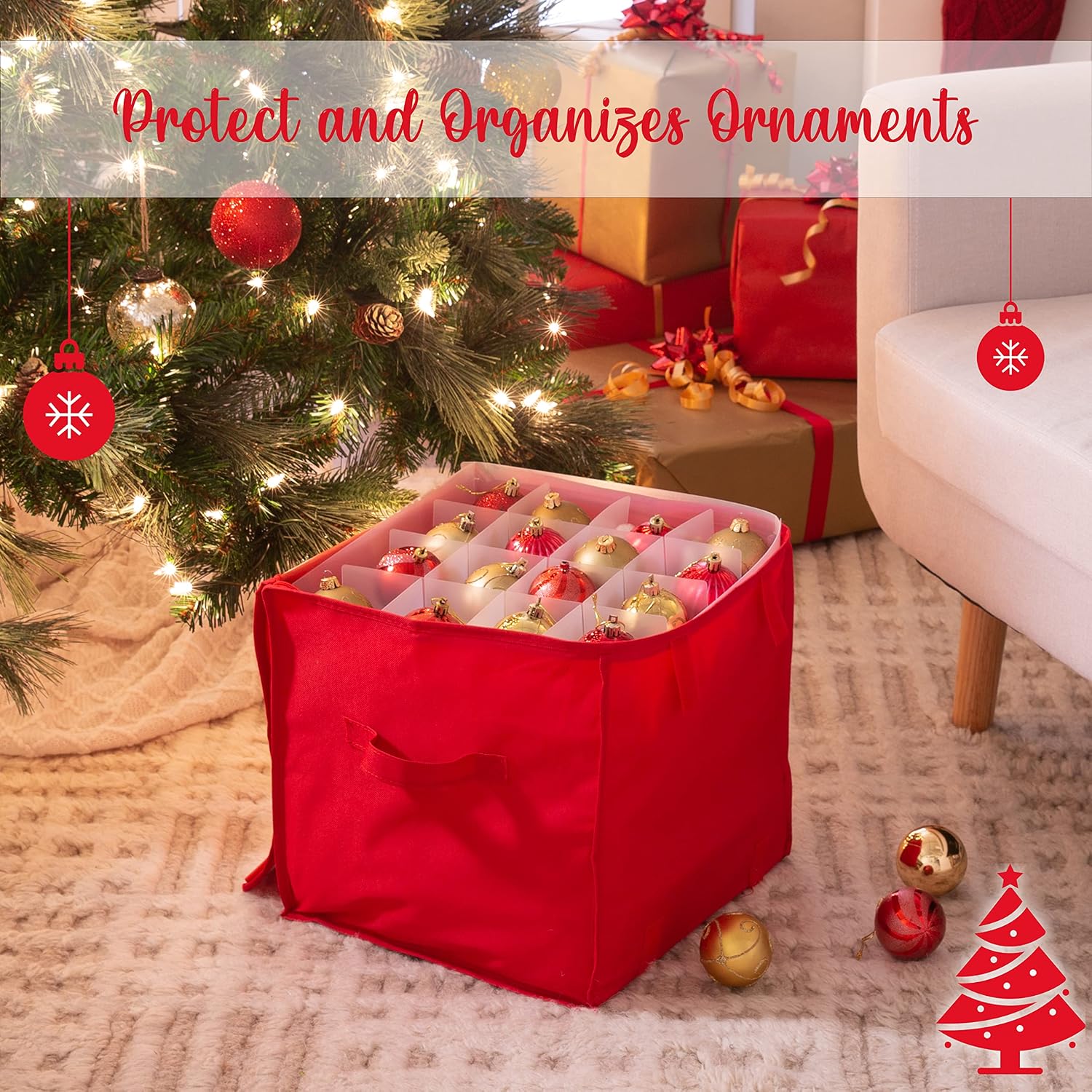 Simplify 64 Count Stackable Ornament Storage Tote Organizer | Christmas Storage | Adjustable Dividers | Two Handles | Zip Closure | Red | Fits 64 Ornaments | Dimensions: 11.81 x 11.81 x 11.81 inches