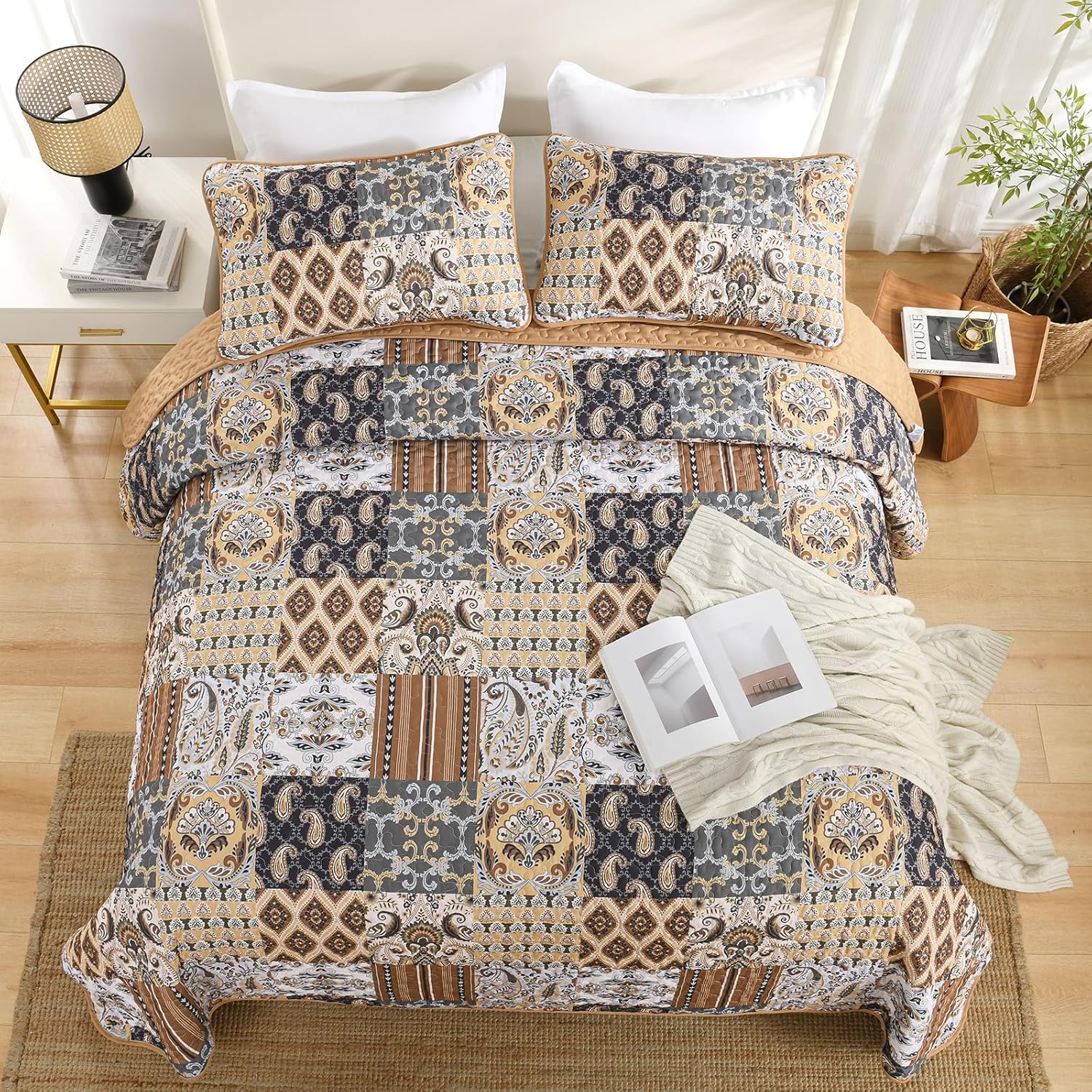 WONGS BEDDING Boho Quilt Set King Size, Dark Brown Plaid Patchwork Bedspread Bedding Set Soft Microfiber Quilt for King Bed Reversible 3 Pieces Coverlet Set for All Season (104"x90") - Image 8