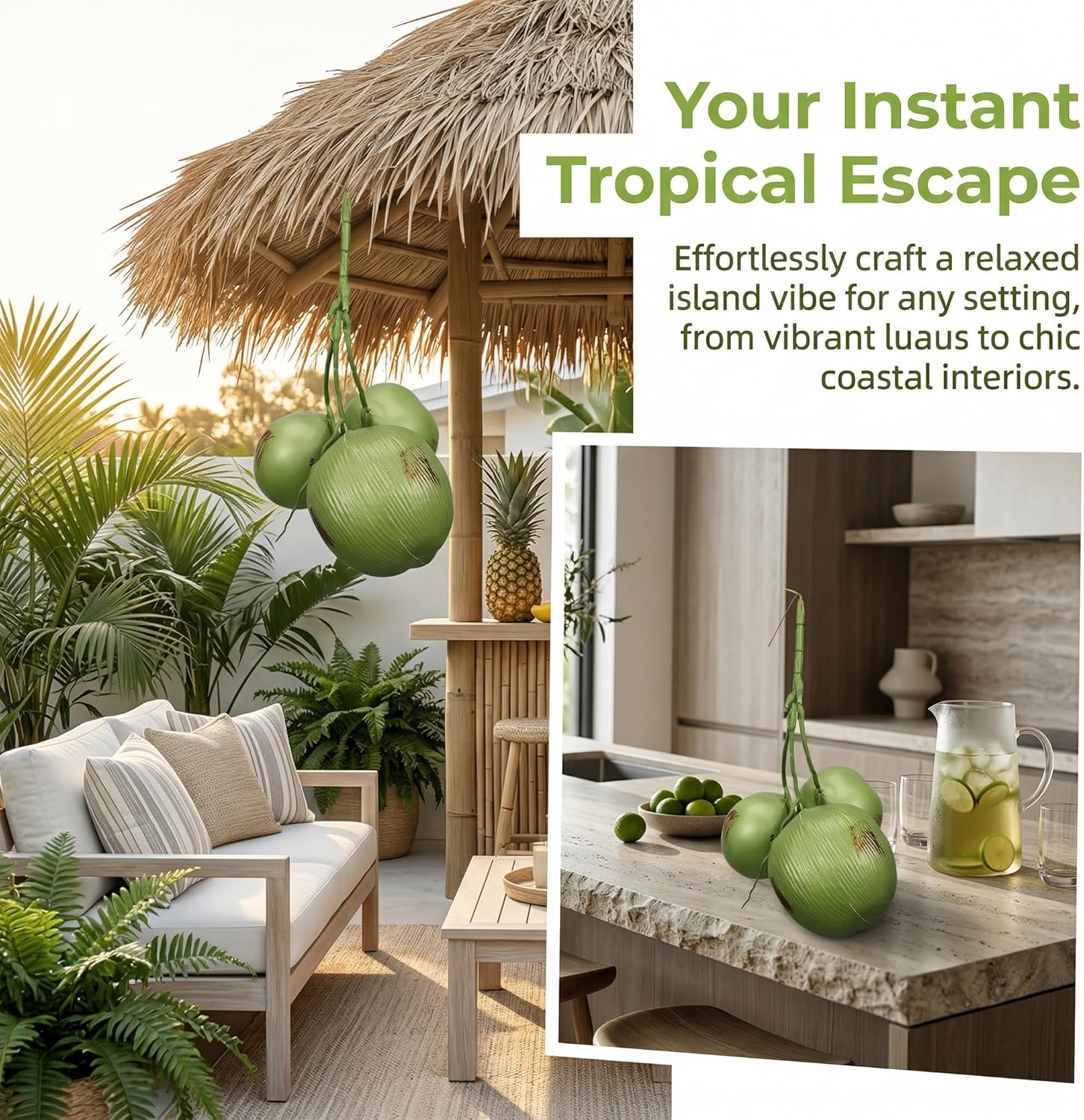 Angoily Fake Coconut, 1 Bunch 13" Bunch Artificial Fruit Props for Tropical Party Decor, Realistic Green Plastic Luau Table Ornament for Home Kitchen Farmhouse, Hanging Photo Prop Display