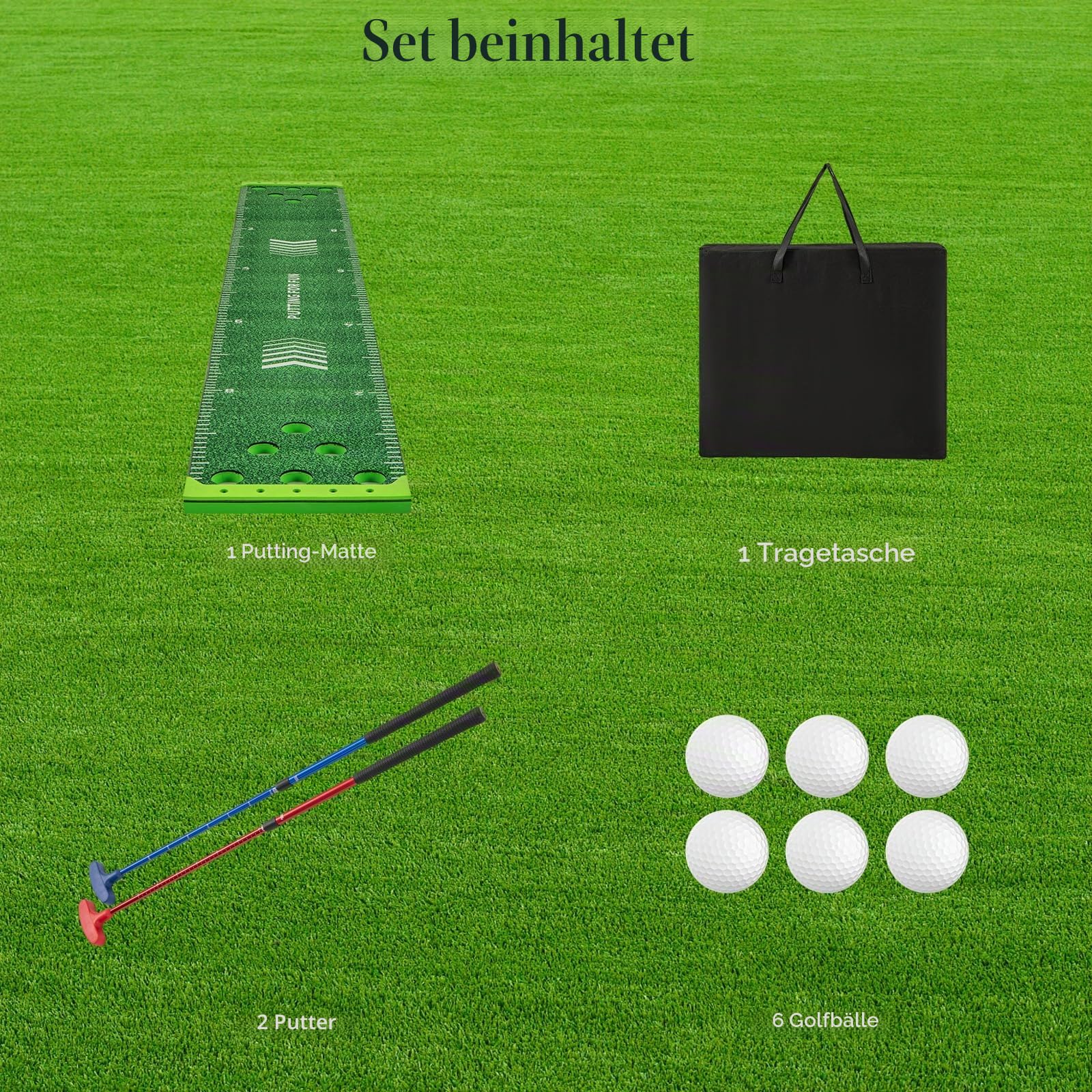 LIFEZEAL Faltbare Golfmatte, Schlagmatte mit 12 Löchern, Hitting Mat mit 2 Teleskop-Golfschlägern, 6 Bällen, Tasche, Golf Puttingmatte für Profis und Fans