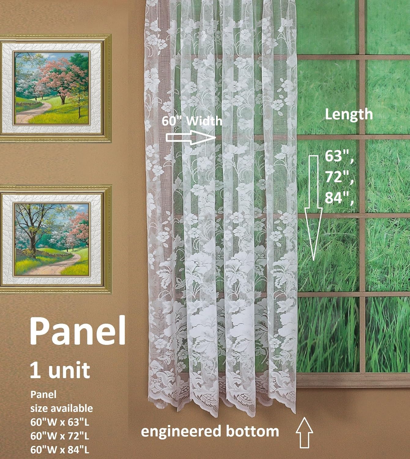 Today's Curtain Floral Vine Lace Panel 63", White, 60W x 63L