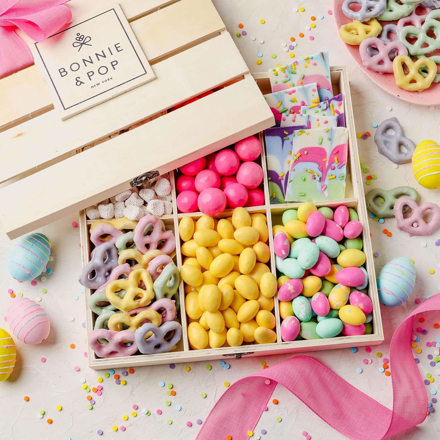 Easter Snack Board Gift Tray – Chocolate & Sweet Treat Assortment in Reusable Wooden Box – Spring Dessert Grazing Gift for Families, Brunch & Hosting- Bonnie and Pop