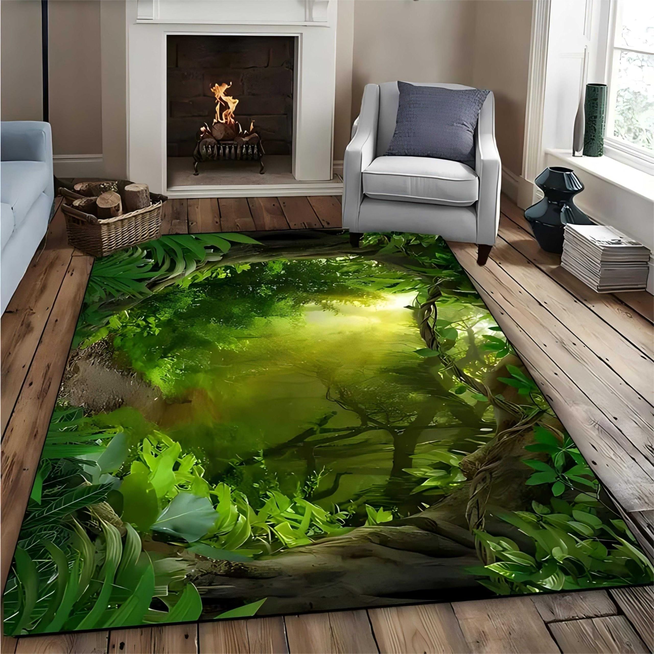 SOJAWA Area Rug, 180x300cm Natural Landscape Tropical Jungle Pattern Rugs, Spring Sunshine Plant Leaf Print Carpet, Non-Slip Washable Living Room Bedroom Apartment Durable Large Rug