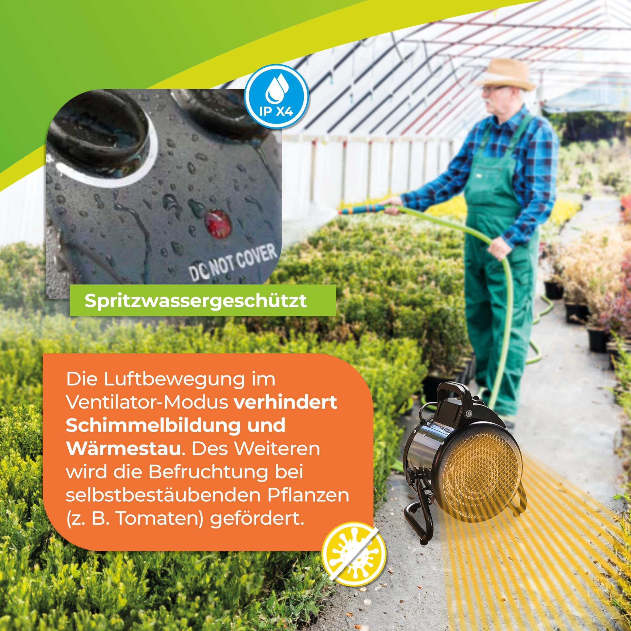 BioGreen Elektro-Gewächshausheizung Palma mit manuellem Thermostat | IPX4 spritzwassergeschützt, energiesparend | 163 m³/h Luftumwälzung | 2000 Watt