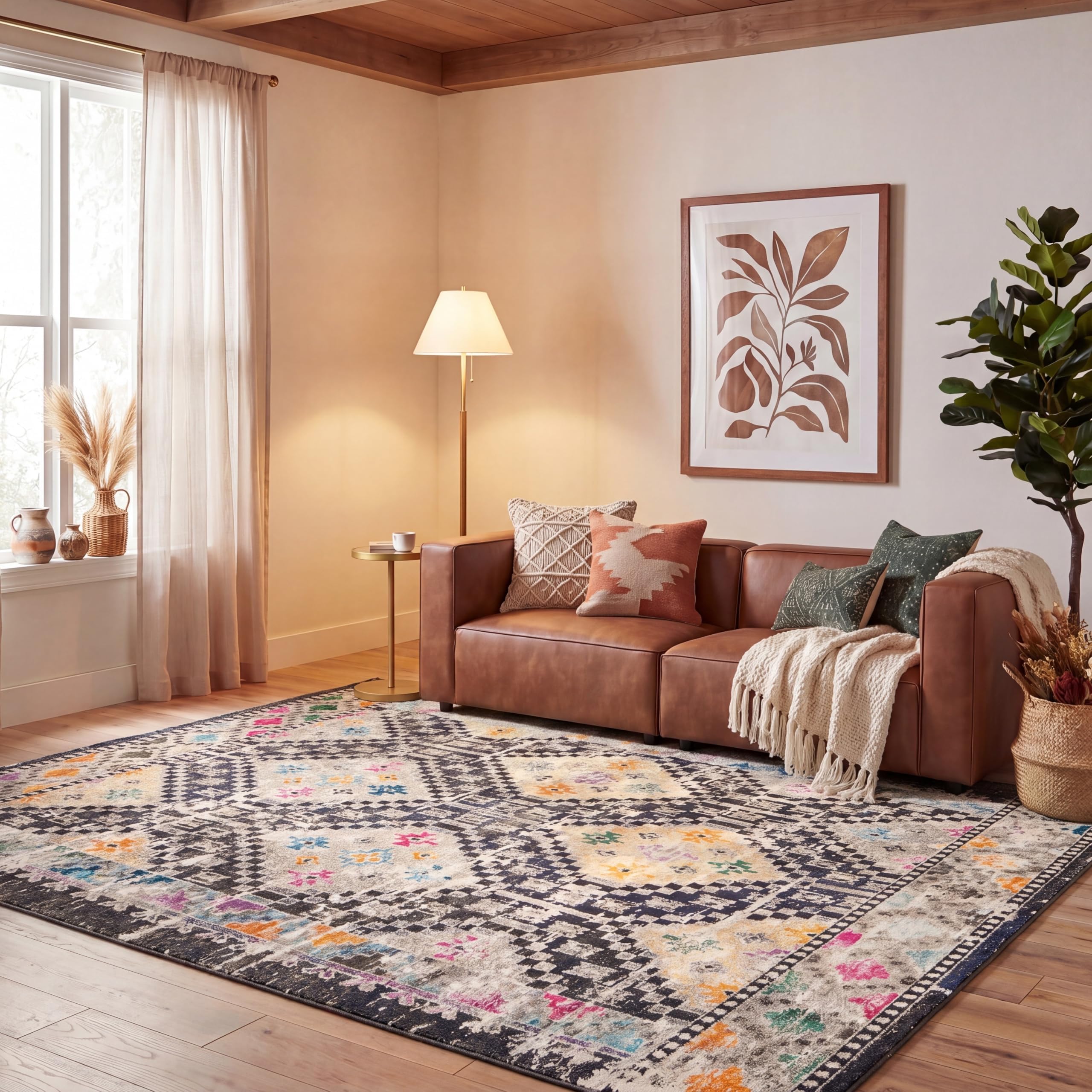 SAFAVIEH Area Rug 8x10 - Madison Collection - Large - Black & Yellow, Boho Diamond Distressed Design, Non-Shedding & Easy Cleaning, Ideal for Living Room, Bedroom, Office, Dining Space (MAD418Z)
