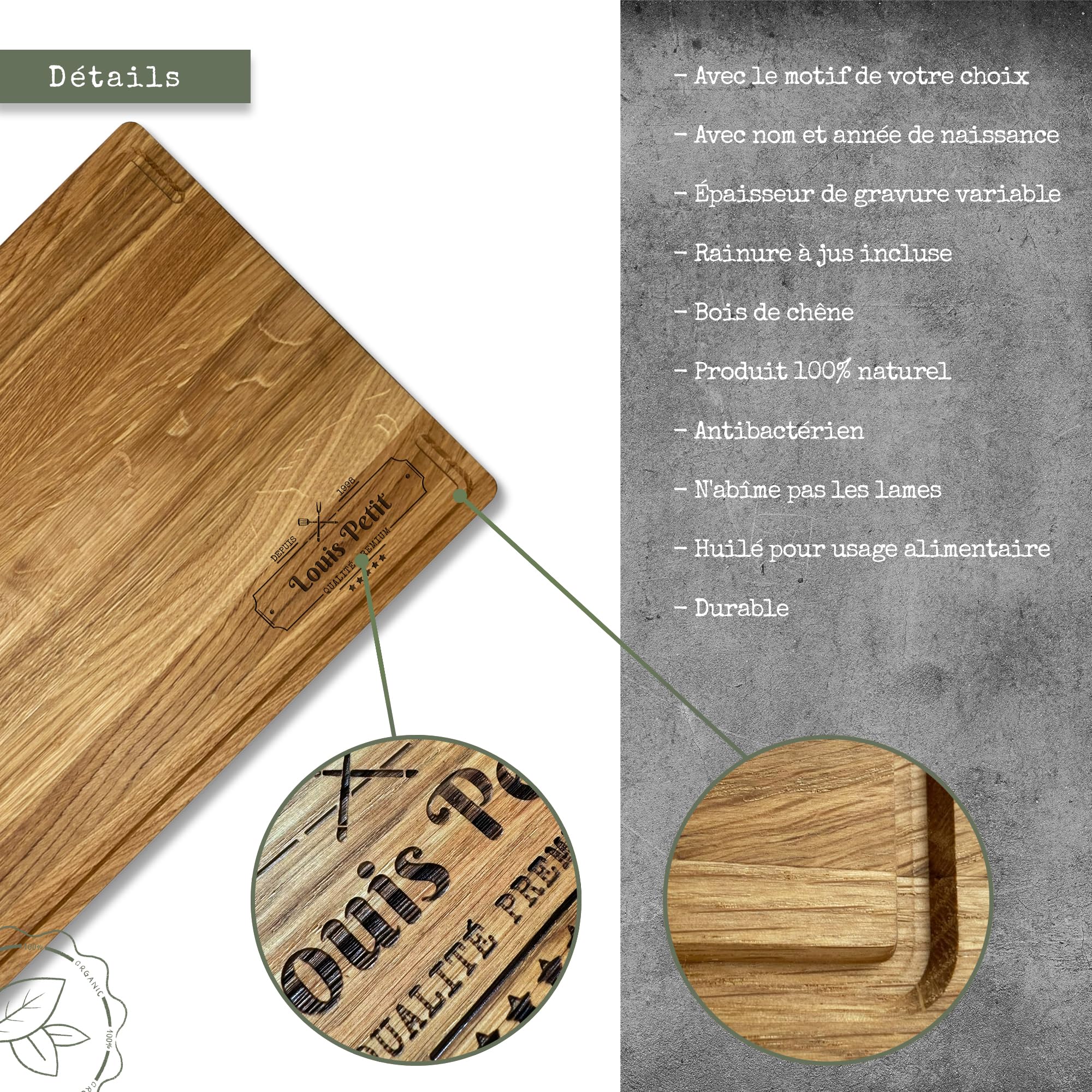 LOOXIS planche à découper personnalisée avec nom - chêne, planche à steak, planche à servir, planche à charcuterie (idée cadeau pour emménagement, anniversaire, fête des pères) - Motif 6