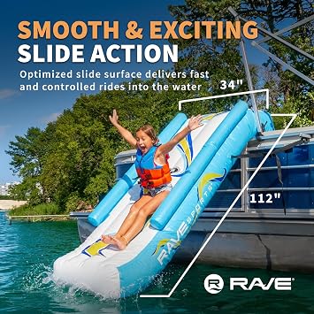 RAVE Sports Inflatable Pontoon Slide, 10 ft, Includes Large Grab Handles, Vinyl Step Insets, High Pressure Pump, Commercial Grade Inflation Valve, Heavy Duty Material, Safety Sides and Straps